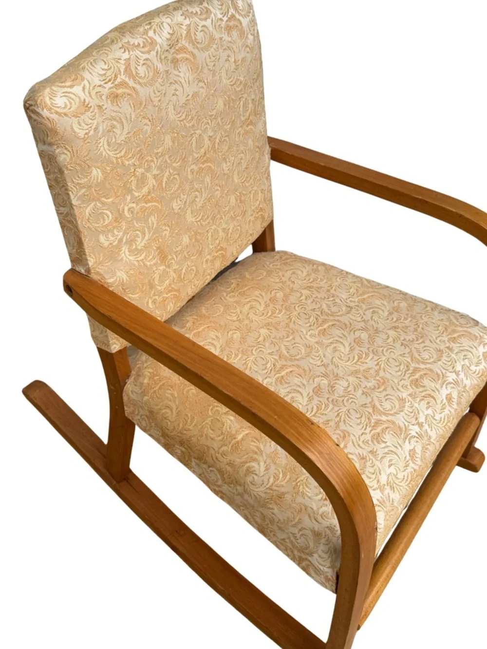 Children’s Vtg Handmade Rocking Chair in Cream Swirl Fabric 23”x23”x16”